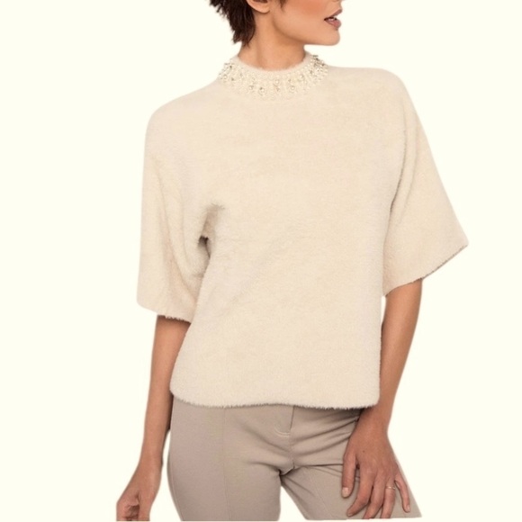 ALFANI Pearl Jeweled Mock Neckline 3/4 Wide Sleeves Sweater Women's Size M - Picture 1 of 16